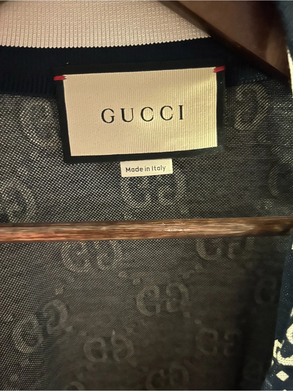 Gucci Navy GG Monogram Bomber Jacket with Red & White Stripes